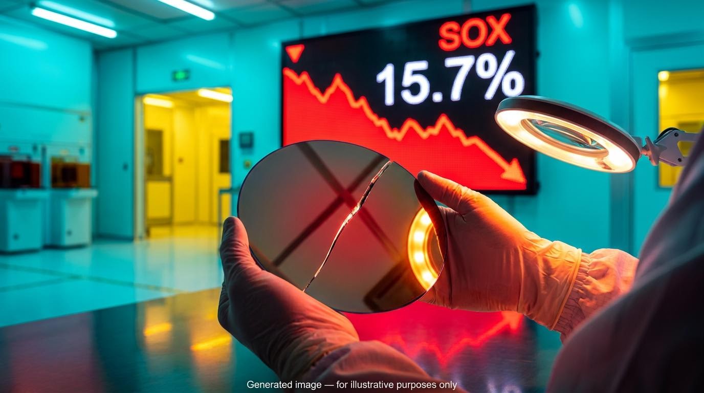 Cracked silicon wafer before a red SOX display showing 15.7% as semiconductor stocks decline in their longest streak since 2008