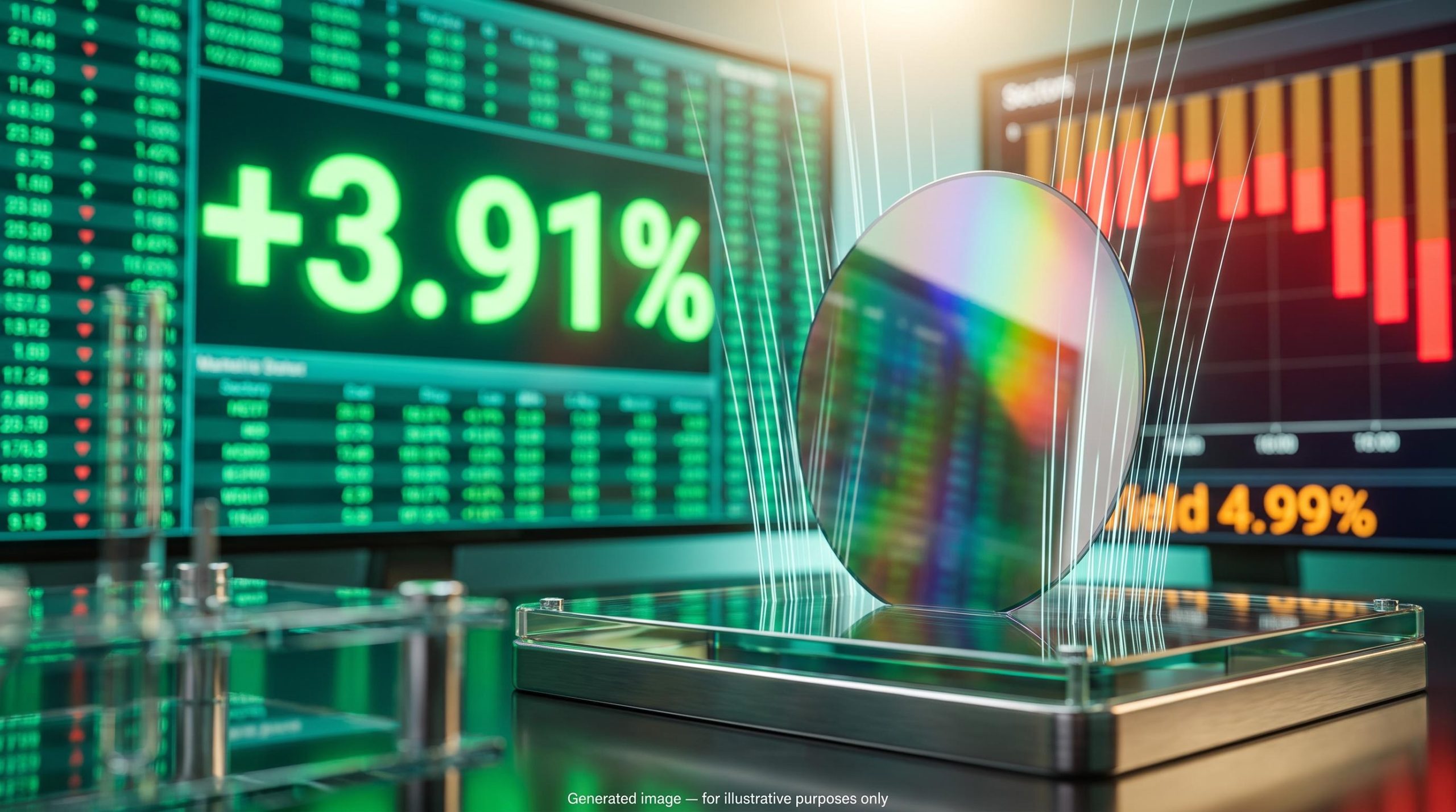 Polished semiconductor wafer before green market screens showing +3.91% as the semiconductor stocks rally lifts US markets
