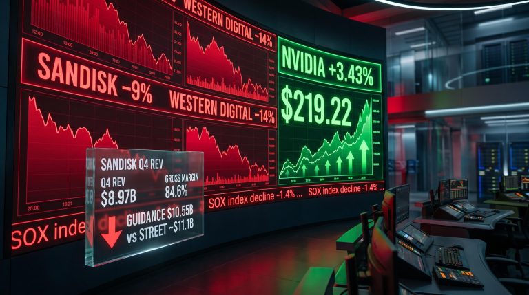 Sandisk –9% and NVIDIA 3.43% trading screens show semiconductor stocks two-tier split in August 2026