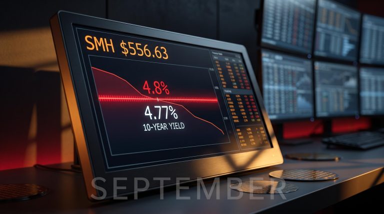SMH at $556.63 with 10-year yield at 4.77%, one threshold below 4.8% semiconductor risk trigger
