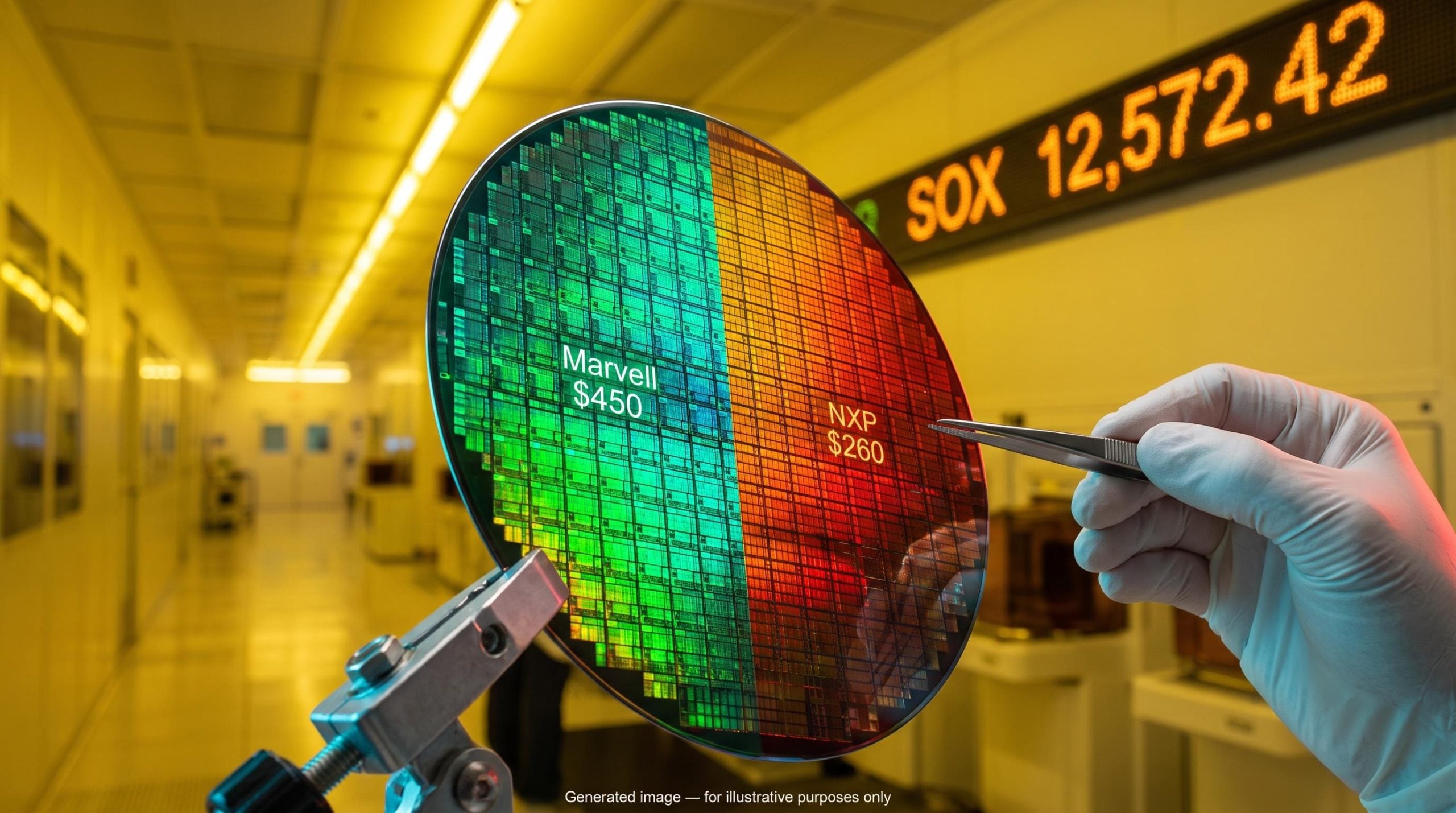 Silicon wafer split in green and red light, comparing Marvell and NXP outlooks across semiconductor stocks before earnings
