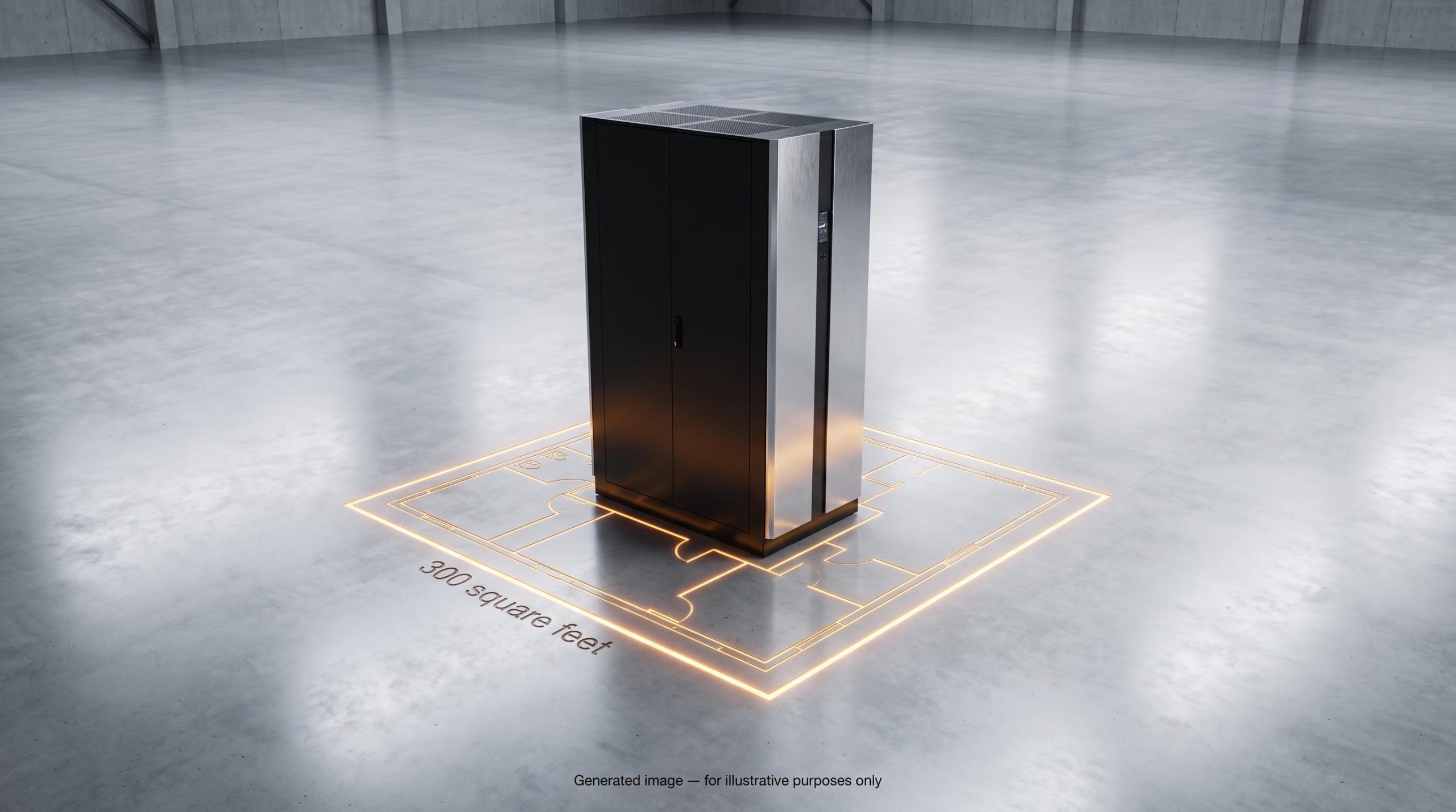 SENS PowerCab2 integrated DC power cabinet in a vast facility with an illuminated floor blueprint showing reclaimed space