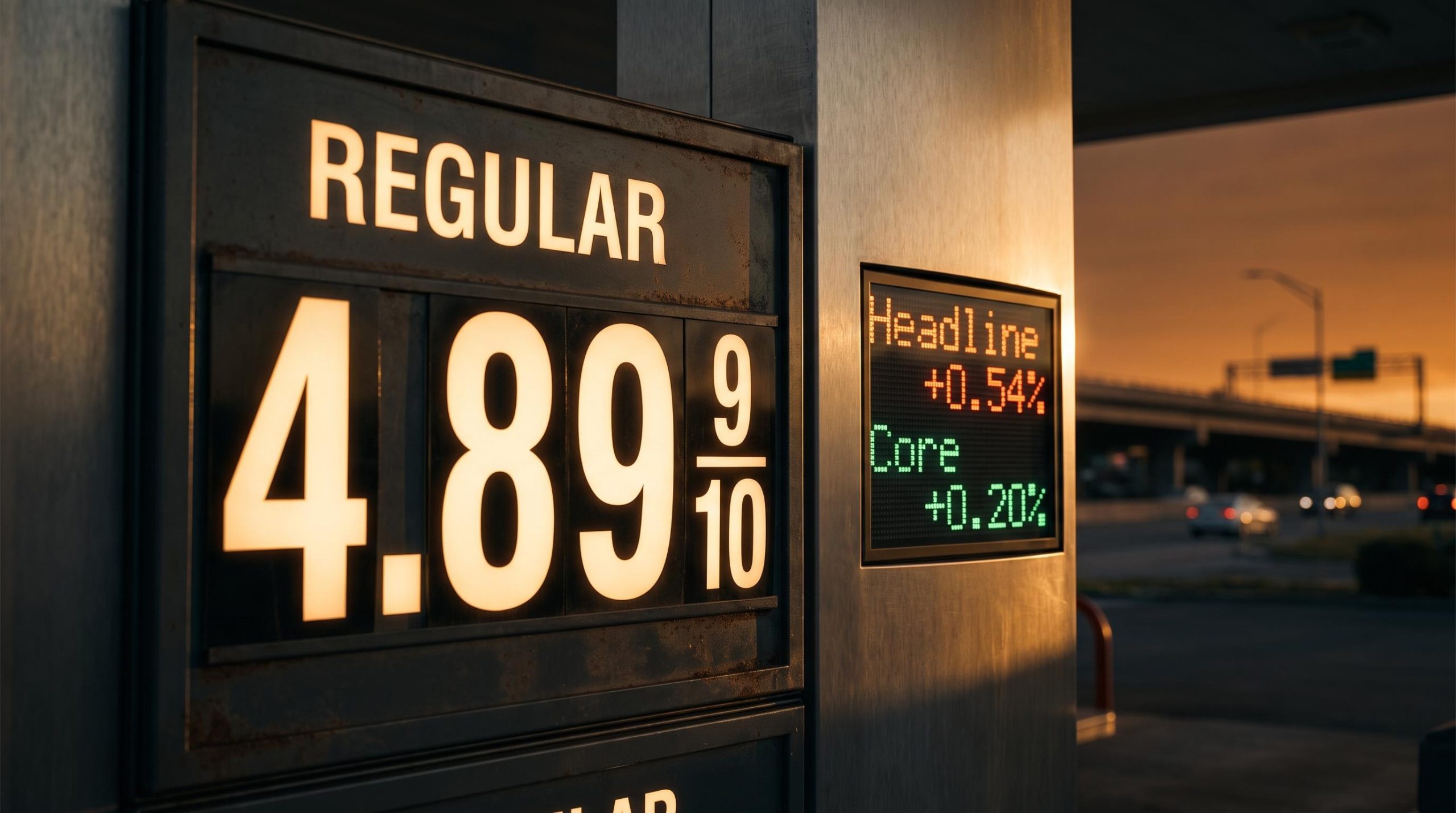 US gasoline station price board with September CPI forecast figures +0.54% headline vs +0.20% core
