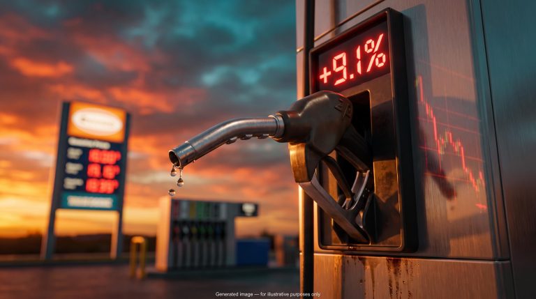 Gasoline pump showing +9.1% in red digits, reflecting the September CPI inflation report and hotter rate-hike odds