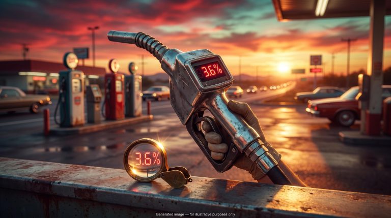 Gas pump display showing 3.6% under a magnifying loupe, evoking the September PCE inflation forecast and energy-driven prices