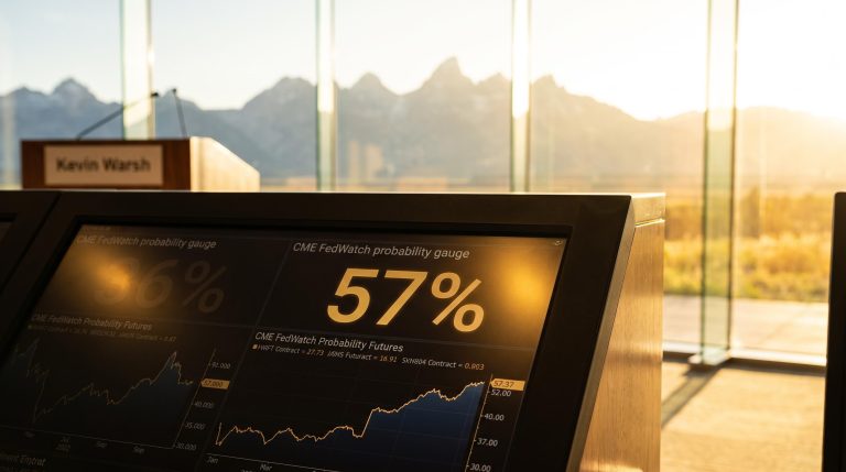 CME FedWatch terminal showing September rate hike odds jump to 57% at Jackson Hole 2026