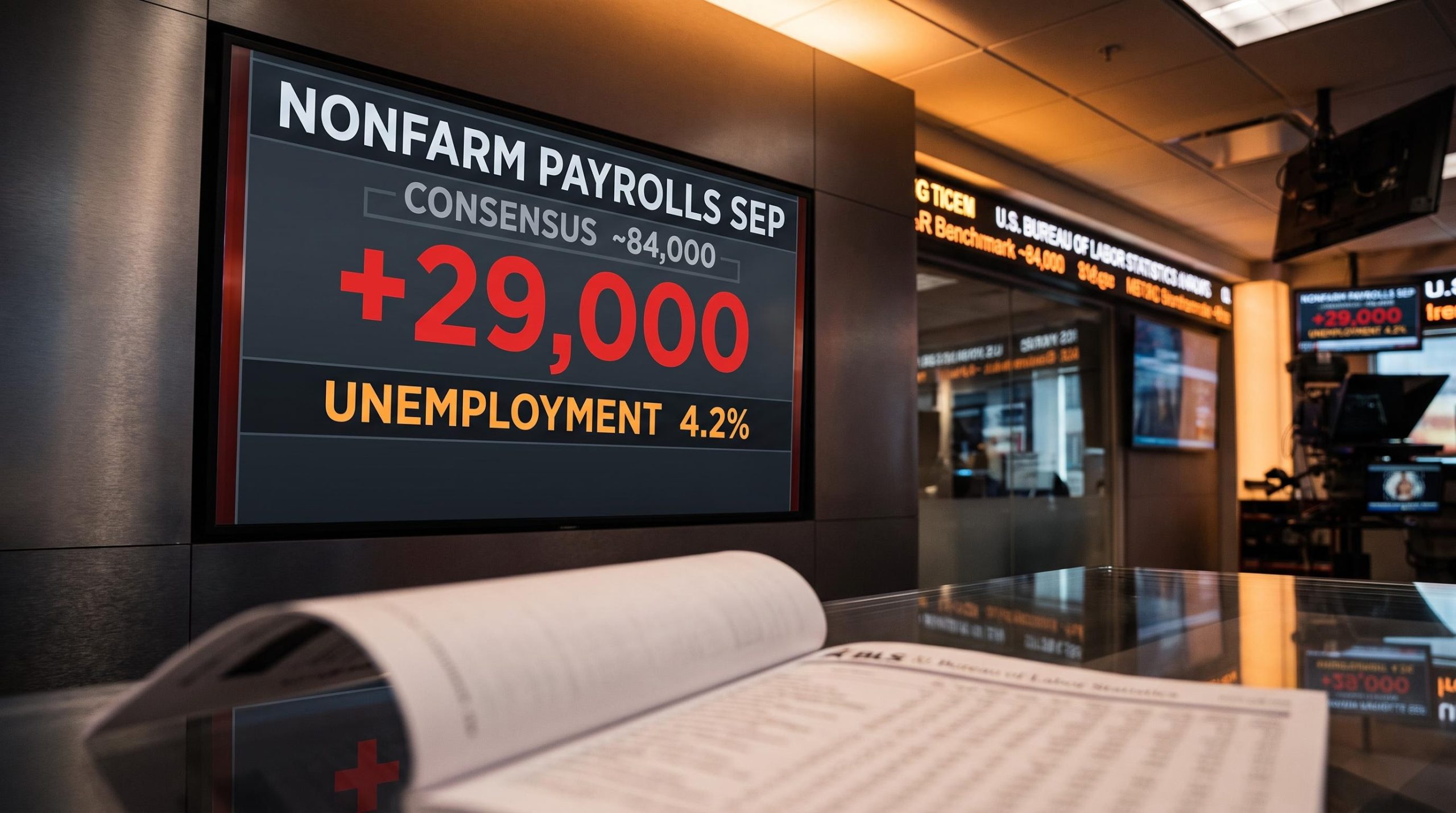 BLS terminal showing September US jobs report payrolls of +29,000 against an 84,000 consensus forecast