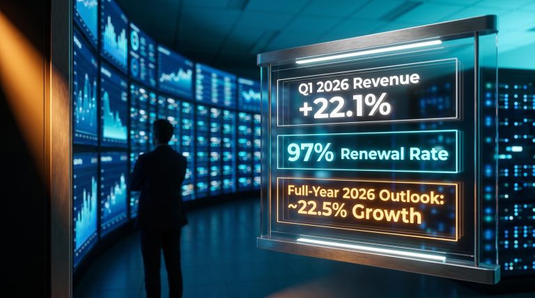 ServiceNow Q1 2026 revenue growth data panels in enterprise control room amid AI disruption analysis