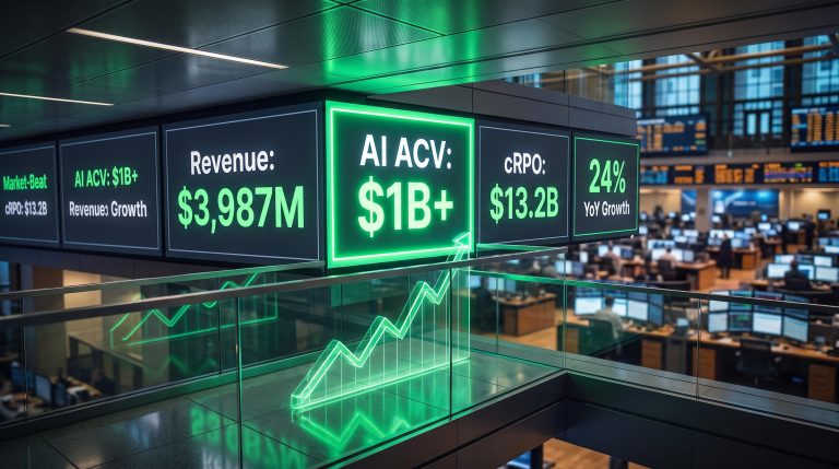 ServiceNow Q2 2026 earnings beat: AI ACV crosses $1B, revenue $3,987M, cRPO $13.2B on trading floor display