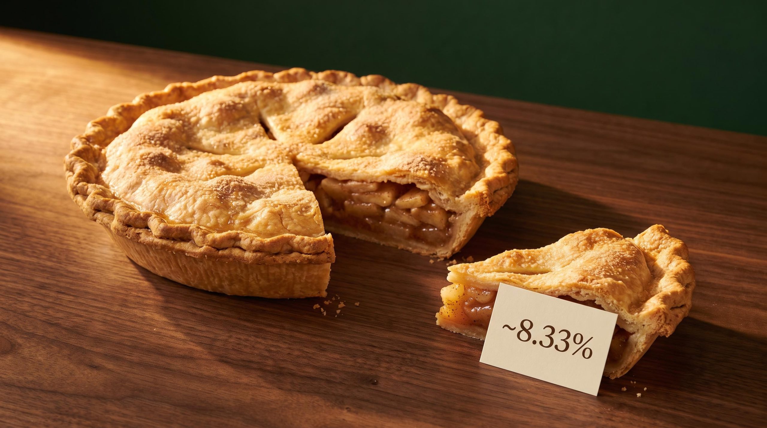 A re-sliced golden pie with a shrunken ownership wedge labelled ~8.33%, illustrating share dilution erosion