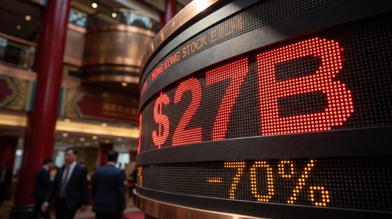 Hong Kong Stock Exchange ticker displaying $27B valuation as Shein IPO debuts after 70% collapse from $98.2B peak