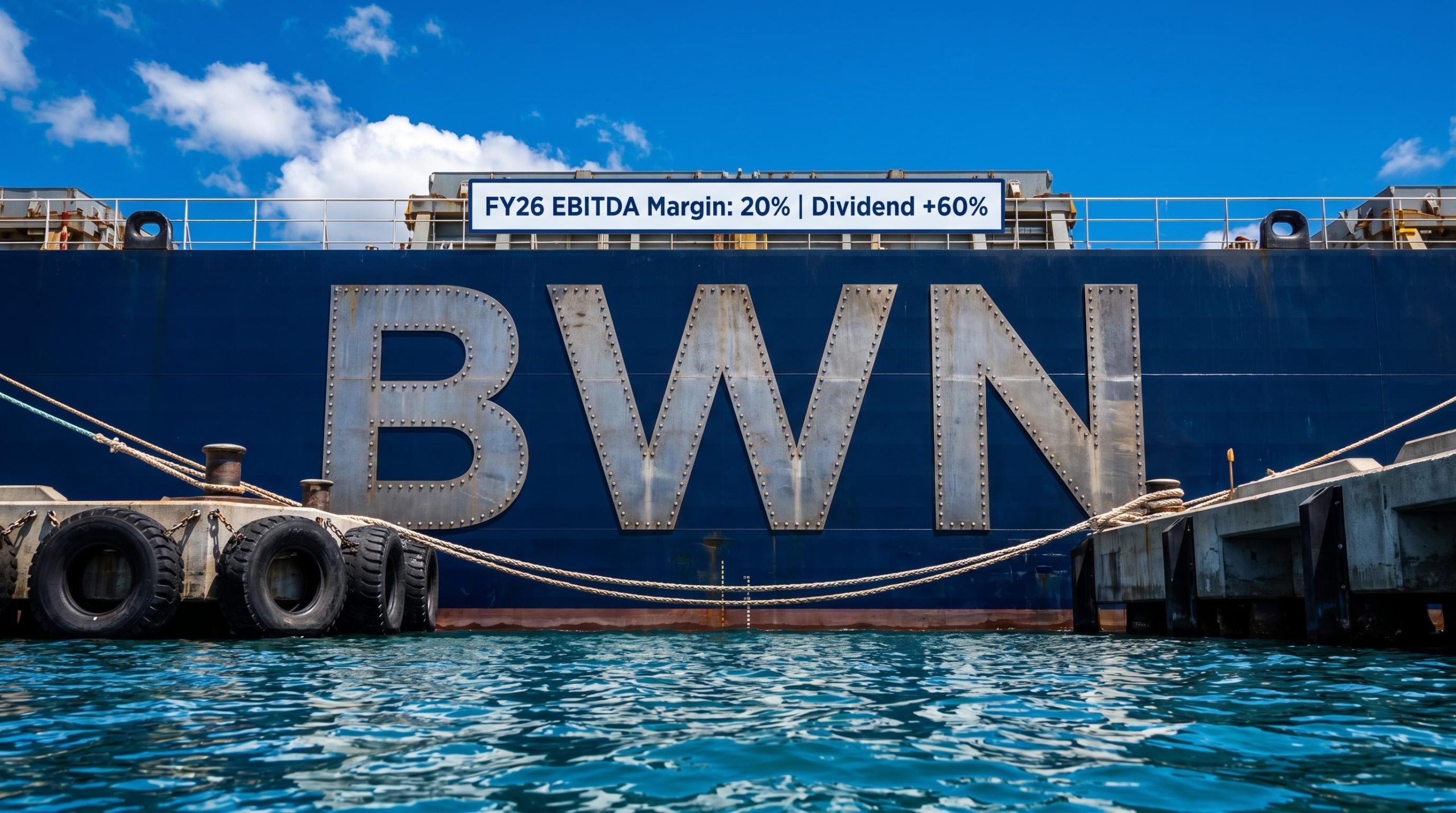 Large ship docked with text