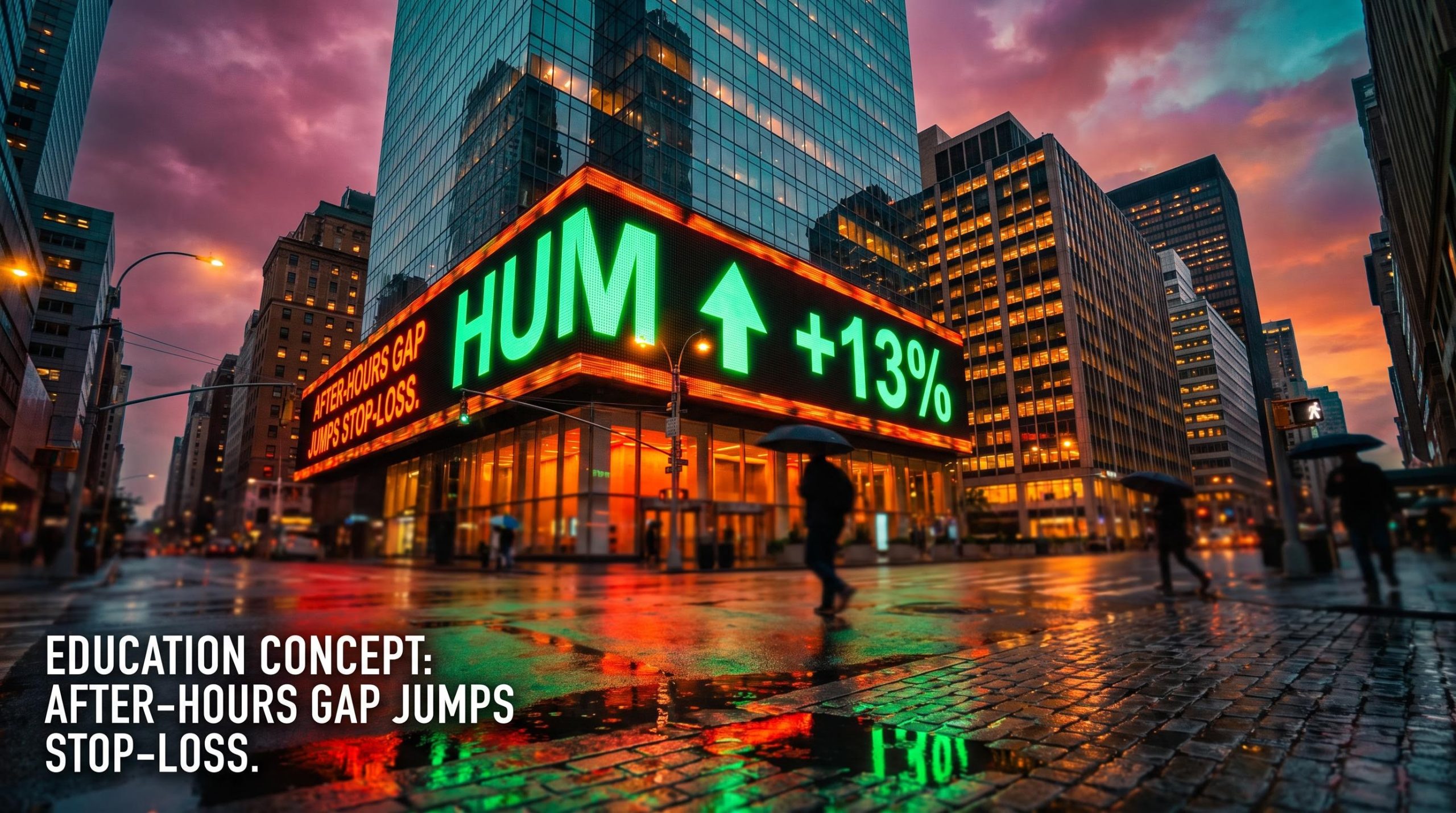 Humana HUM ticker glowing +13% on a skyscraper at dusk, illustrating short selling risk management and after-hours gap risk
