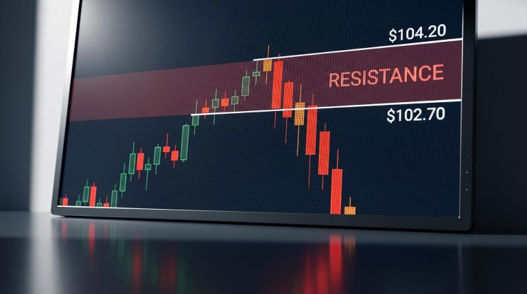 Candlestick chart showing short-entry resistance levels at $102.70 and $104.20 for a short-side technical setup
