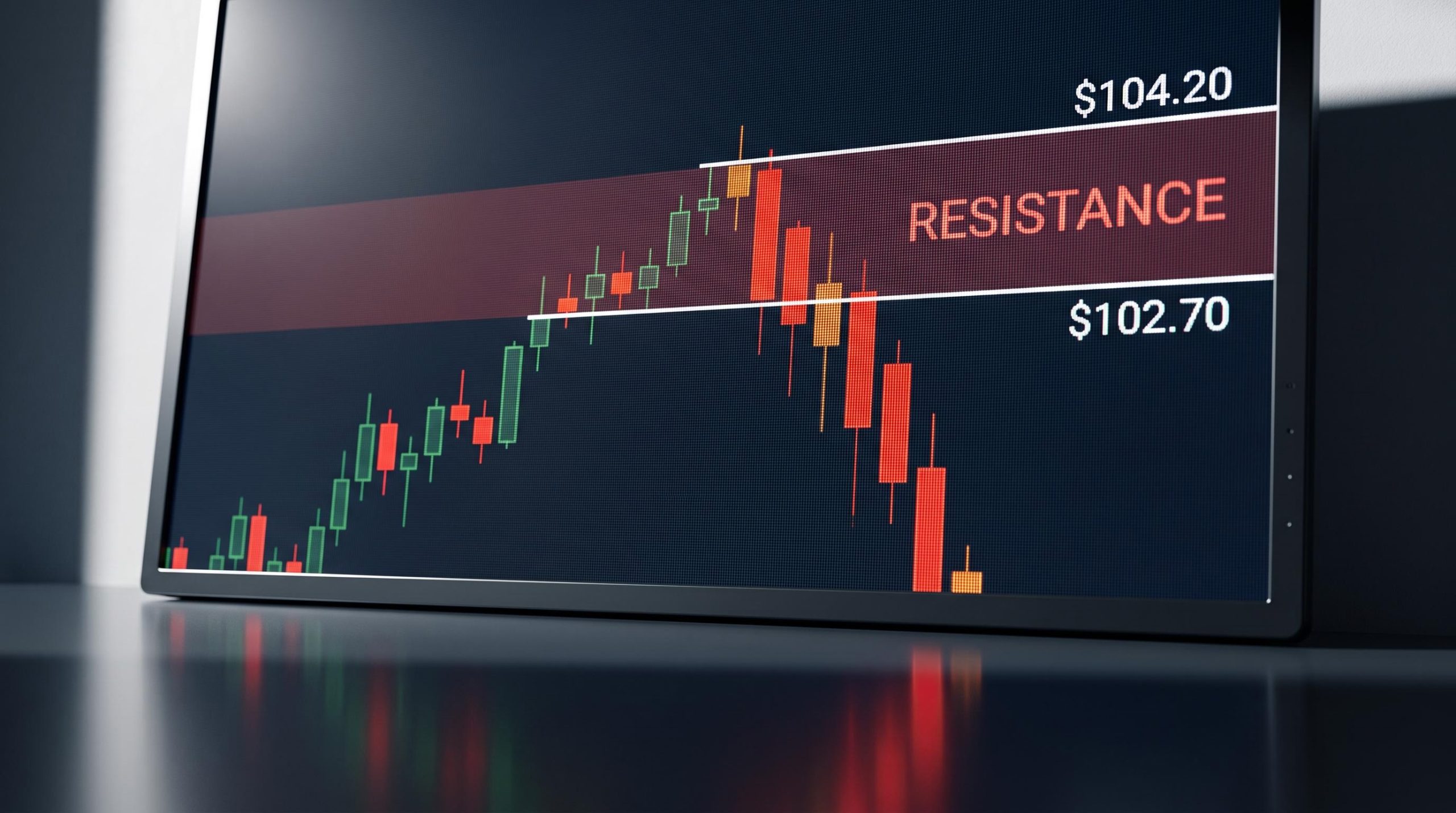 Candlestick chart showing short-entry resistance levels at $102.70 and $104.20 for a short-side technical setup