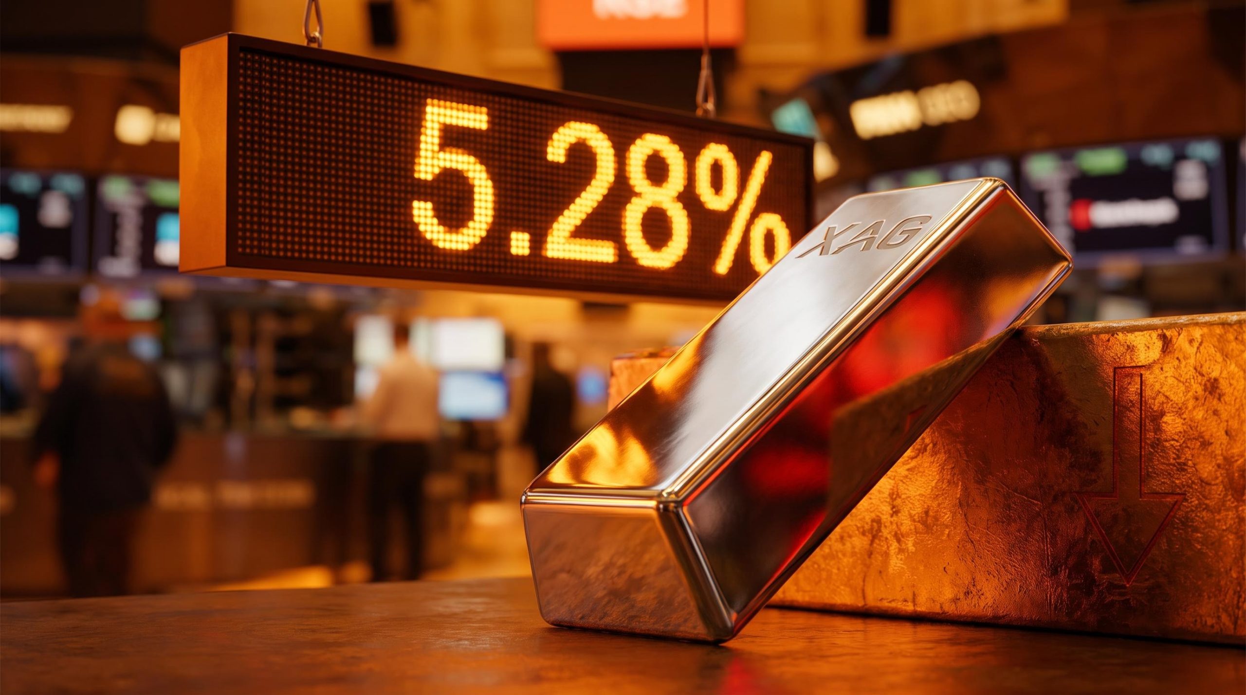 Silver bar tilted downward under a glowing 5.28% Treasury yield display — why silver is falling today