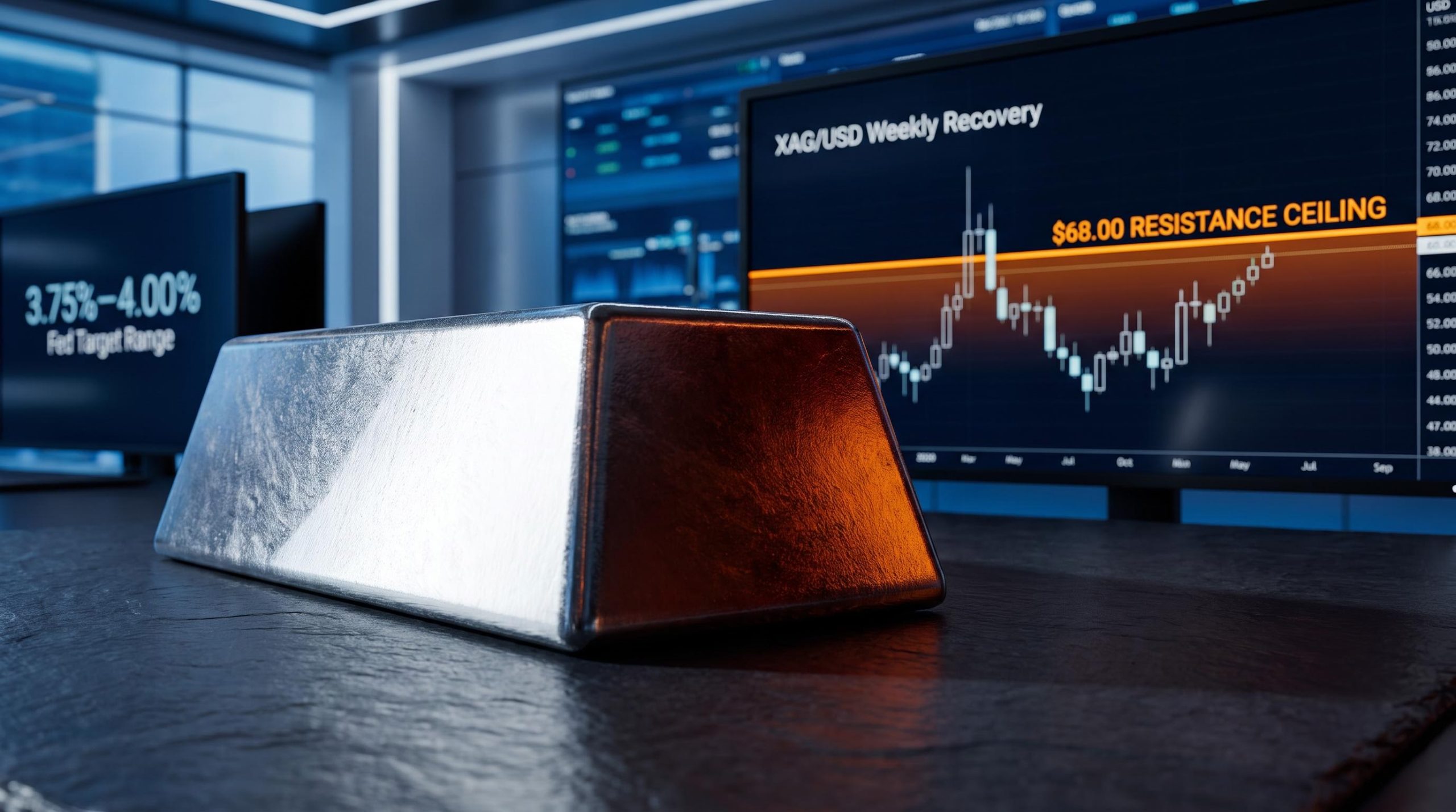 Silver bar under split lighting pressing against $68.00 resistance as Fed rate hike to 3.75%–4.00% drives silver outlook
