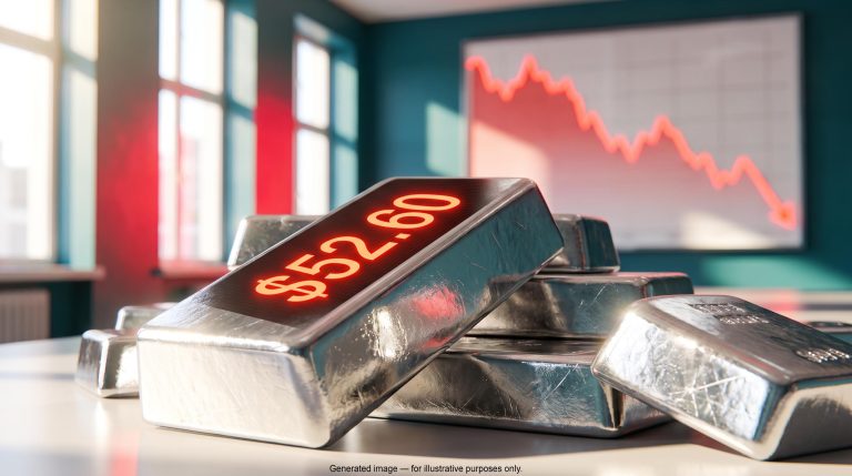 Toppling silver bars reflecting a red "$52.60" price board, illustrating the silver price drop to an 11-month low