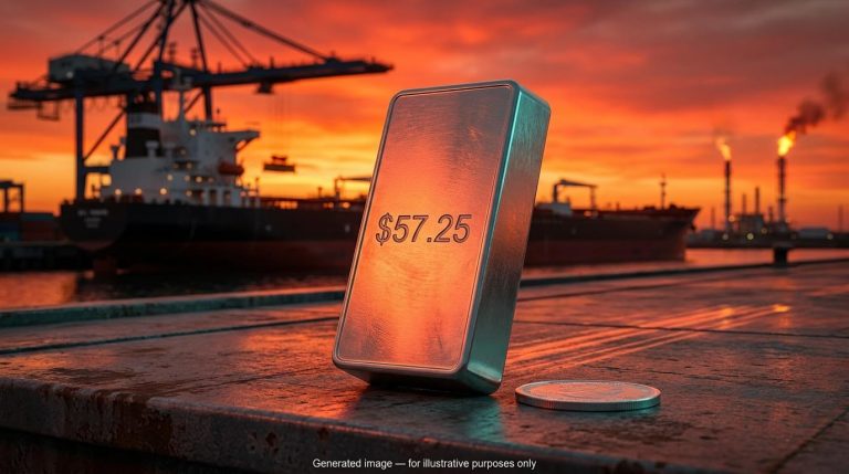 Silver bullion bar showing $57.25 against a Gulf oil port at sunset as the silver price slips on oil and Fed hike bets