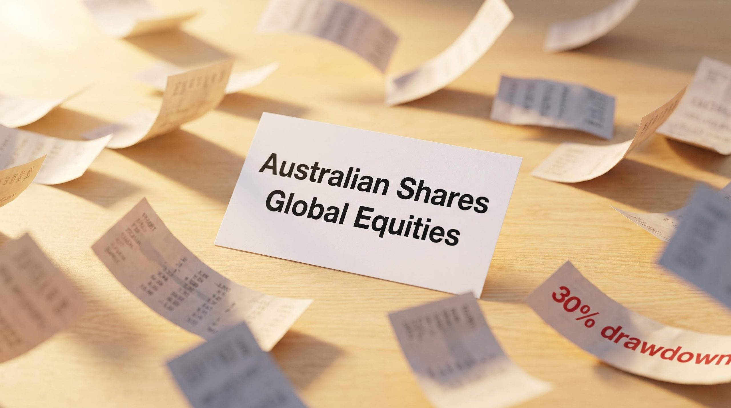 Two-fund simple investment portfolio concept as crisp index card amid scattered overlapping ETF slips