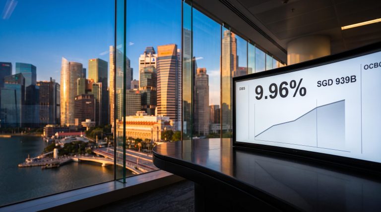 Singapore CBD skyline through bank trading floor glass with 9.96% loan growth data on screen — DBS OCBC analysis