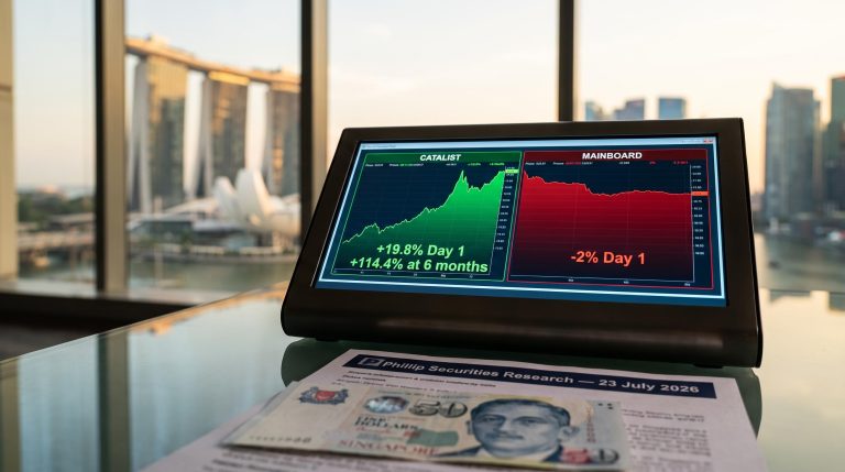 SGX dual-board data screen showing Catalist 19.8% vs Mainboard -2% first-day returns, Singapore skyline backdrop