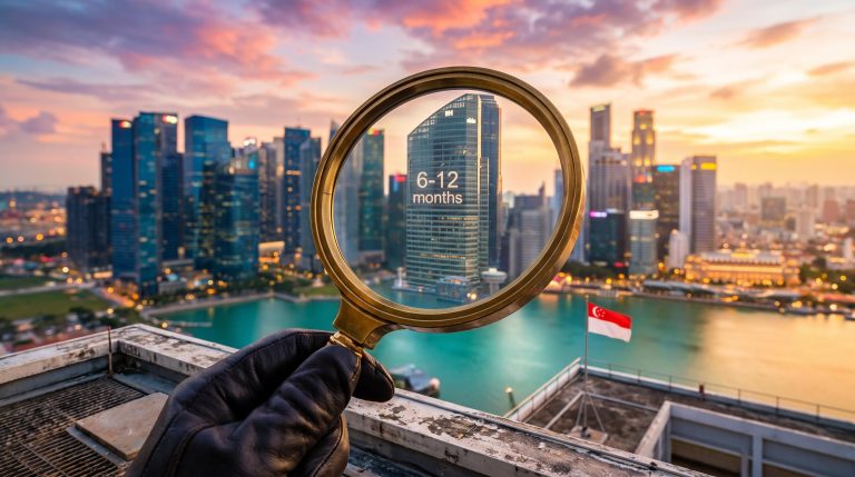 Magnifying loupe over a Singapore skyline tower showing 6-12 months, illustrating Singapore market analysis of fund-flow lag