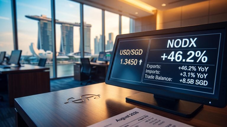 Singapore dollar terminal showing NODX +46.2% August 2026 trade surge with Marina Bay skyline at dusk