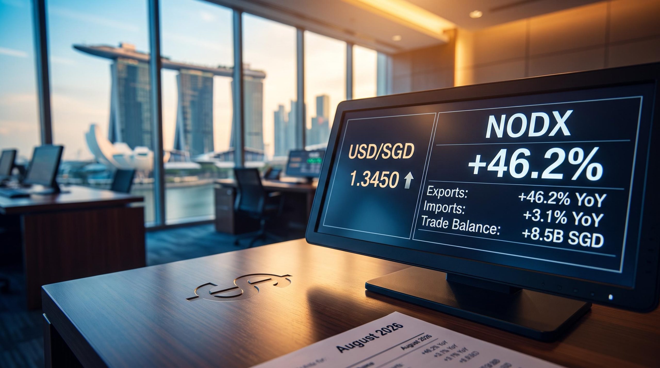 Singapore dollar terminal showing NODX +46.2% August 2026 trade surge with Marina Bay skyline at dusk