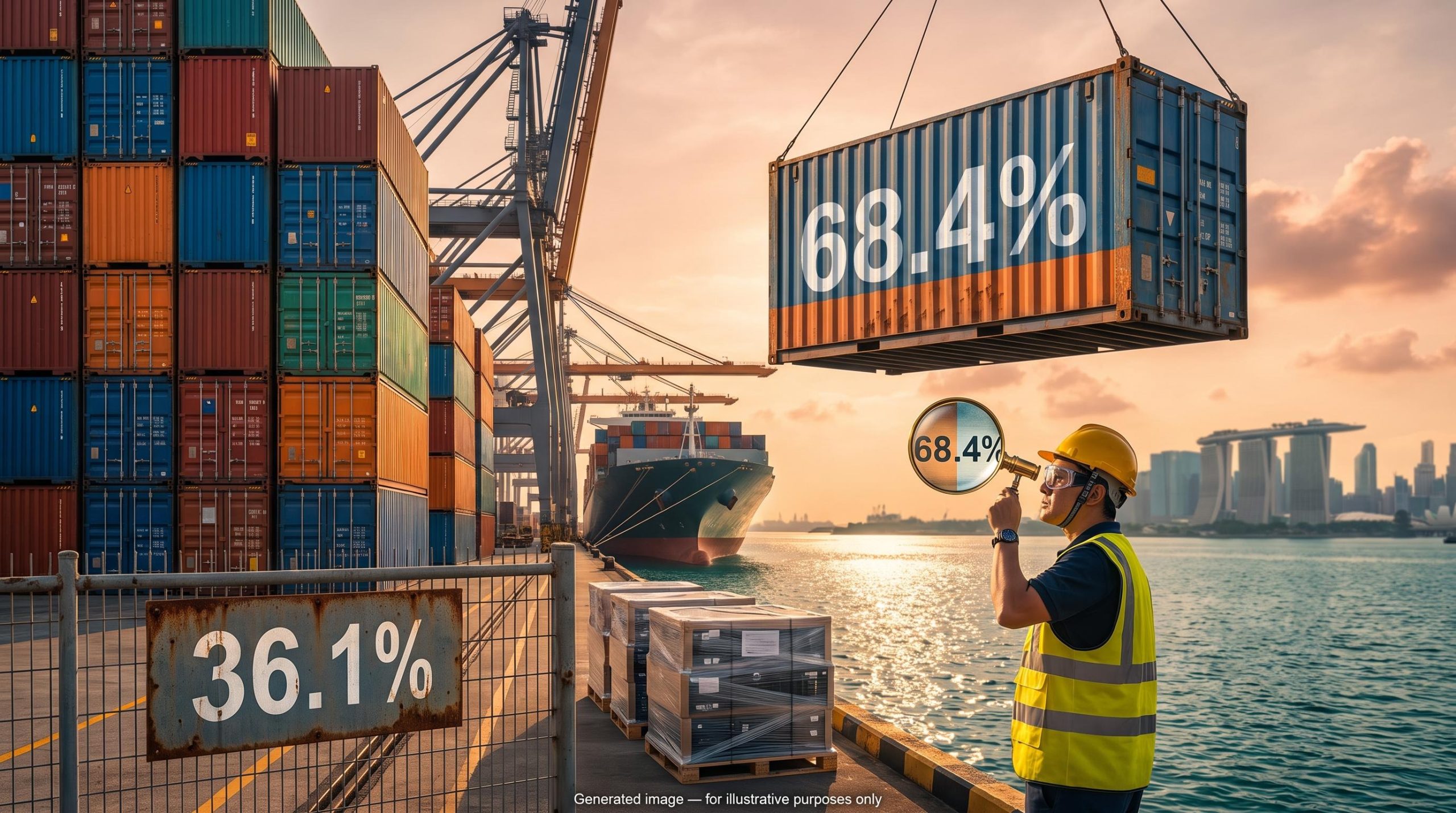 Singapore NODX record 68.4% shown on a suspended port container as an inspector scrutinises the underlying 36.1% figure