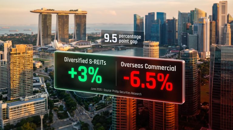 Singapore CBD skyline split by S-REIT sub-sector divergence panel showing 3% vs -6.5% in June 2026