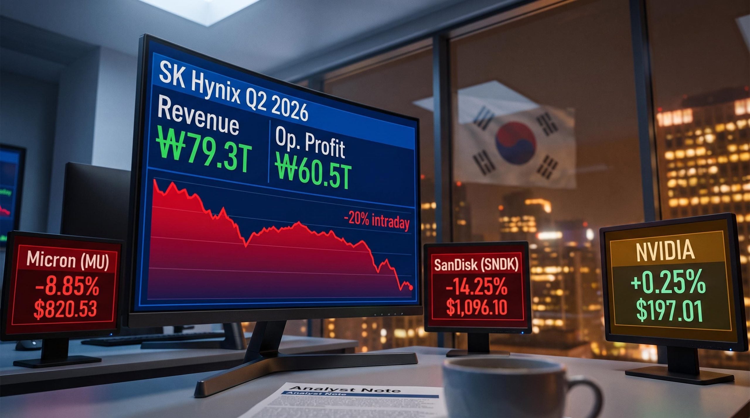 SK Hynix Q2 2026 trading screens showing record results alongside a 20% intraday drop in AI chip stocks