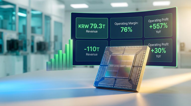 SK Hynix HBM chip with 76% operating margin and KRW 79.3T revenue data panels — Q2 2026 record earnings