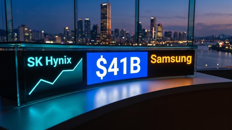 SK Hynix and Samsung $41B share buyback strategy shown on glowing trading terminal against Seoul skyline