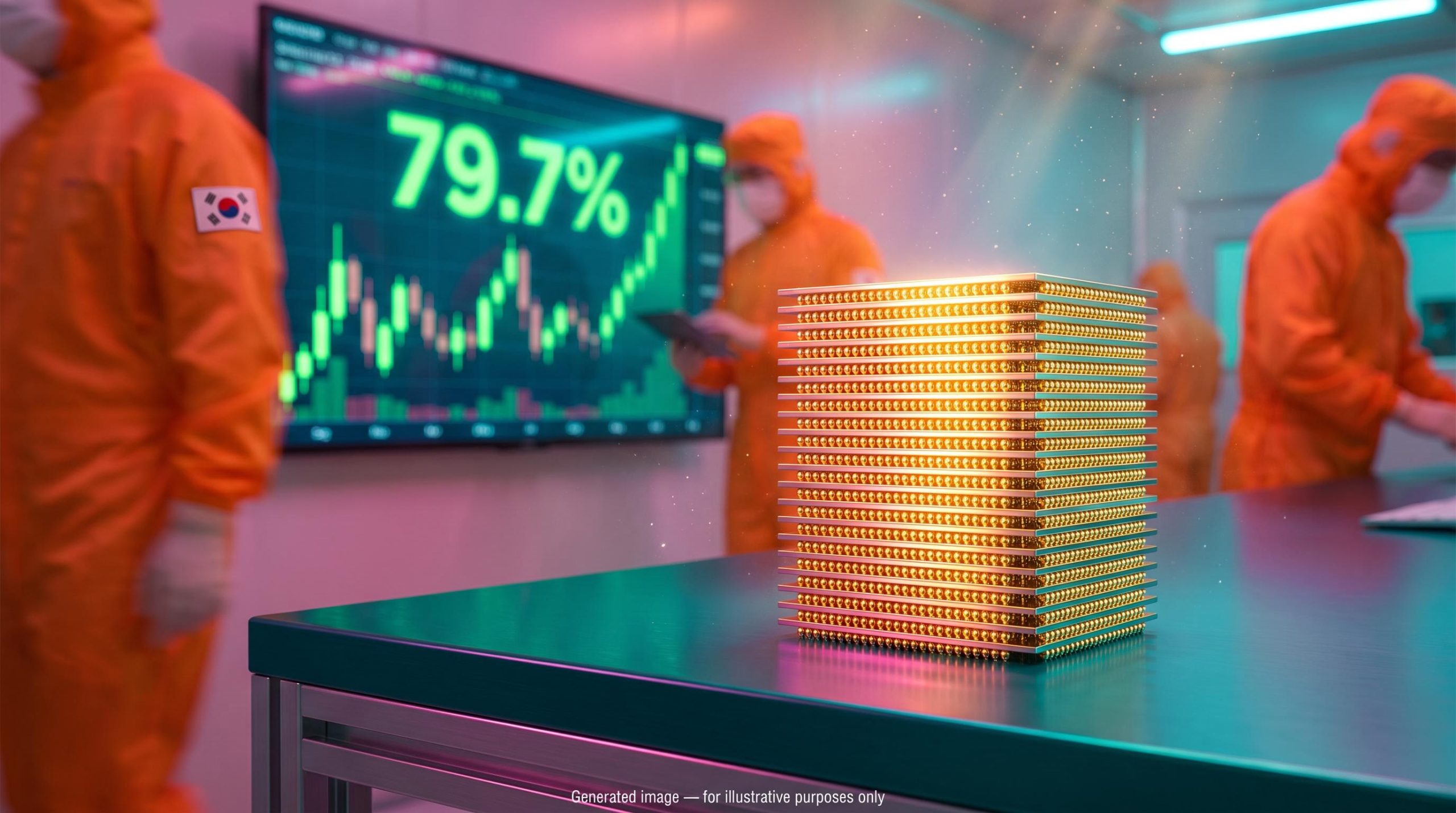 HBM memory chip stack in a fab with 79.7% margin on screen as SK Hynix stock jumps after record earnings