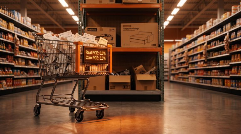 Shopping cart with real PCE at 0.0% and core PCE 3.3% displayed amid abandoned goods shelves