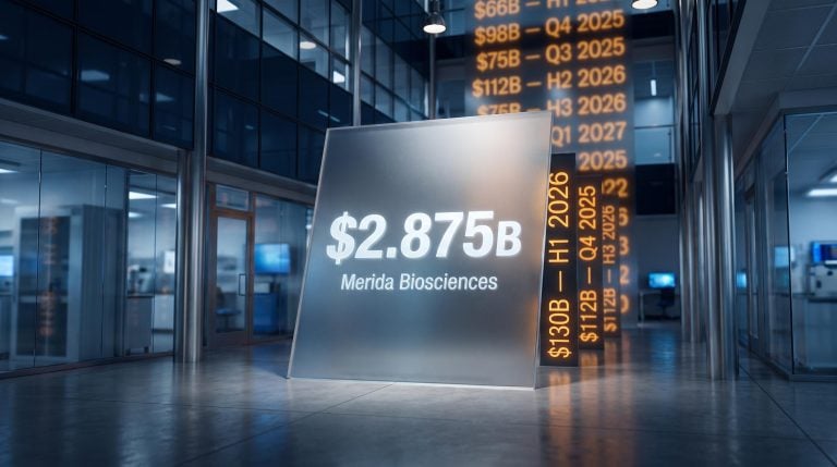 Frosted-glass deal ledger showing $2.875B Merida Biosciences acquisition amid $130B small-cap biotech M&A surge