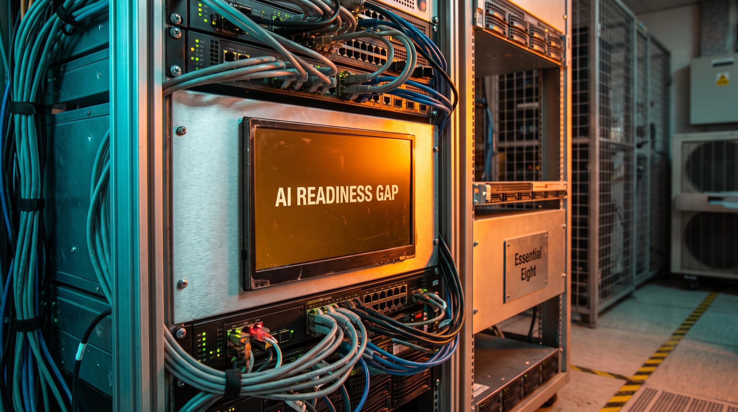 SME server rack with AI readiness gap alert screen — cybersecurity stocks and AI governance foundations