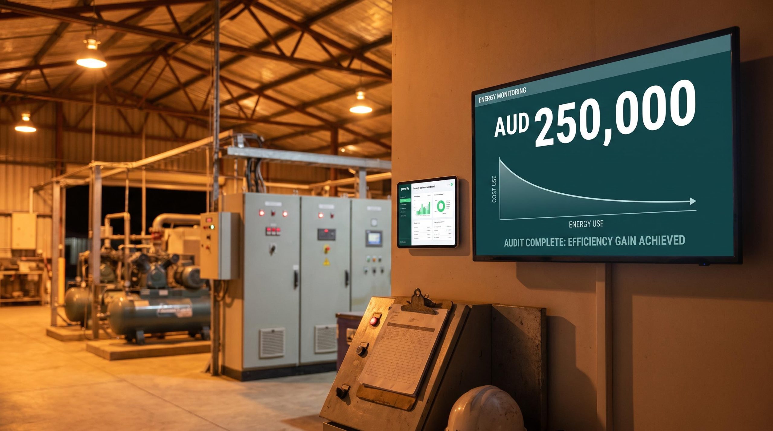 Industrial facility energy monitor displaying AUD 250,000 savings from SME decarbonisation programme audit