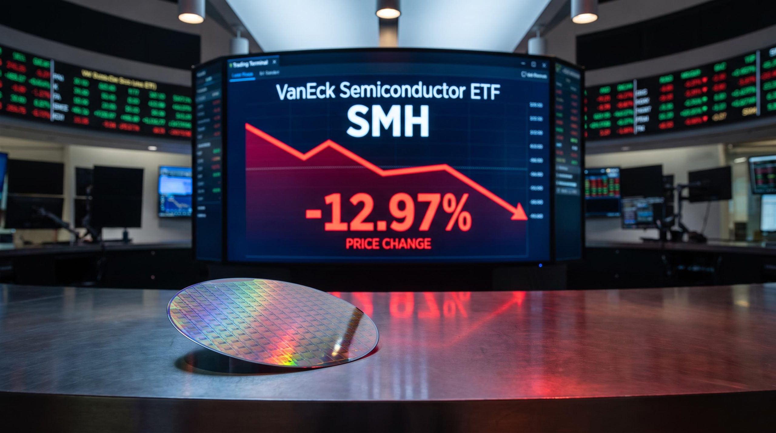 SMH semiconductor ETF terminal showing -12.97% drawdown amid AI export-control regulatory pressure