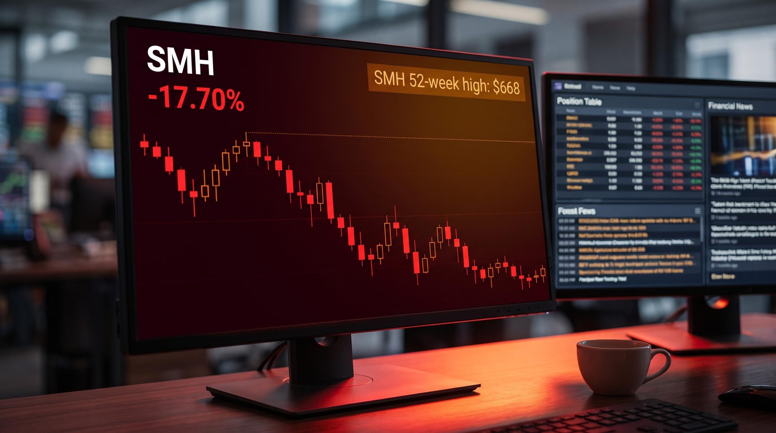 SMH semiconductor ETF chart showing -17.70% monthly decline on a trading terminal, illustrating short selling strategies