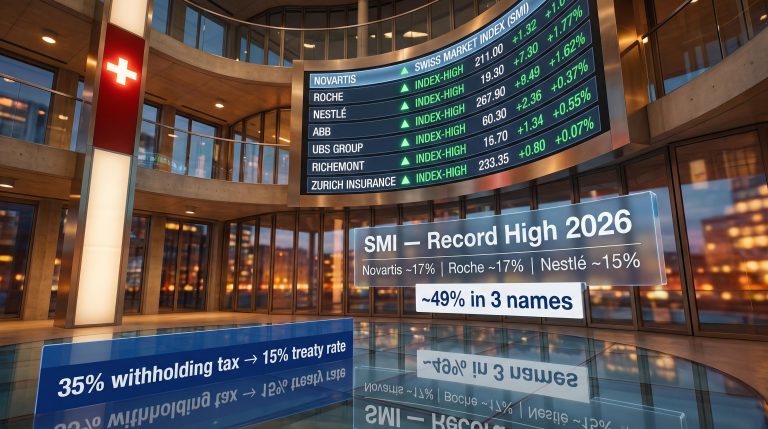SMI trading screen showing Novartis, Roche and Nestlé weights with 35% withholding tax panel — investing in Swiss stocks