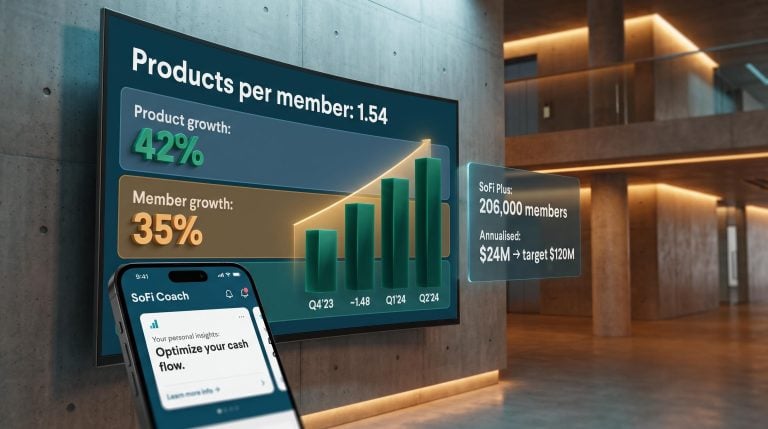 SoFi Q2 dashboard showing 1.54 products per member, 42% product growth vs 35% member growth with Coach interface