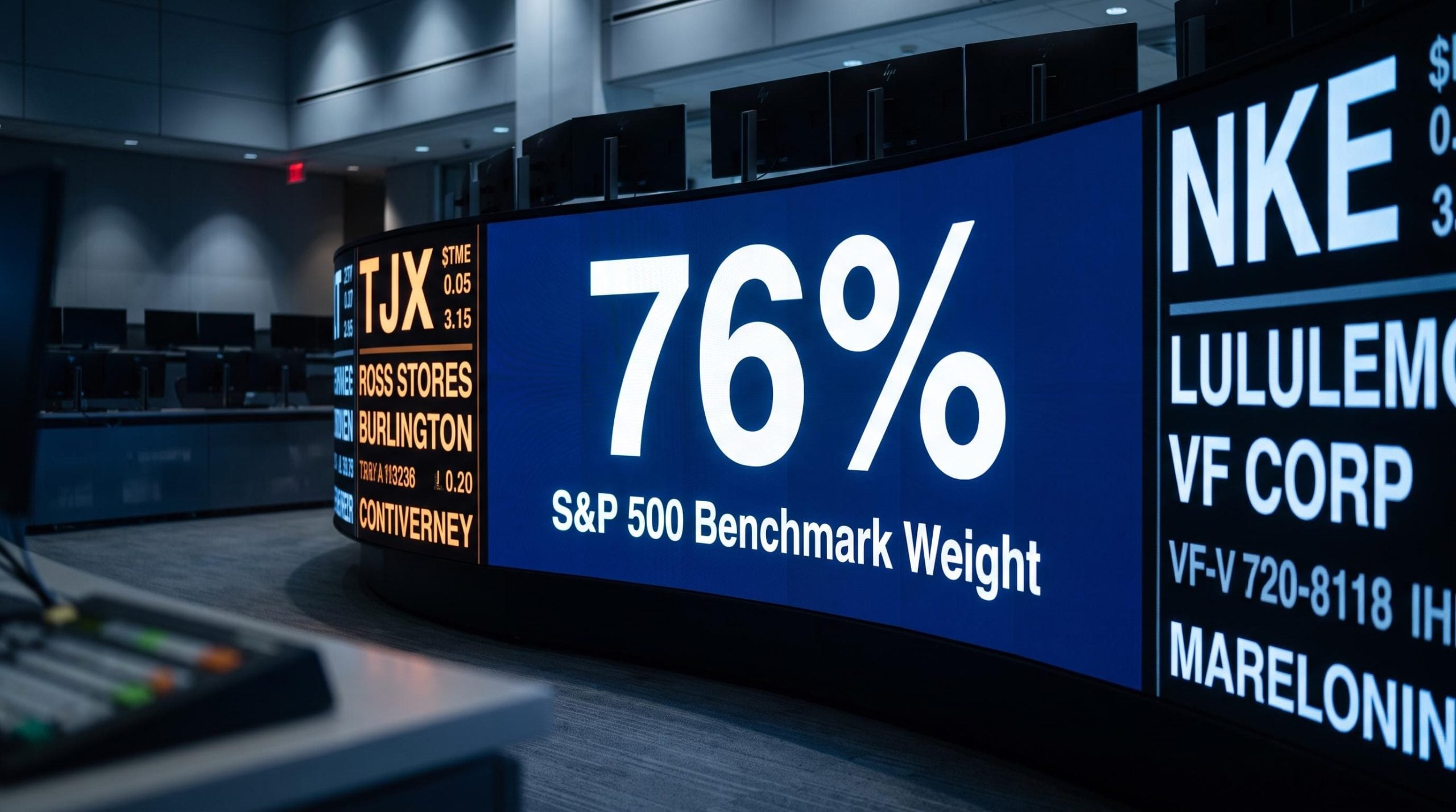 Institutional trading floor ticker board showing softlines stocks at 76% of S&P 500 benchmark weight