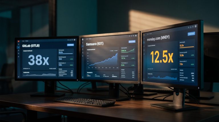 Three trading terminals compare software stock valuation: monday.com's 12.5x P/FCF stands out against GitLab's 38x in DCF analysis