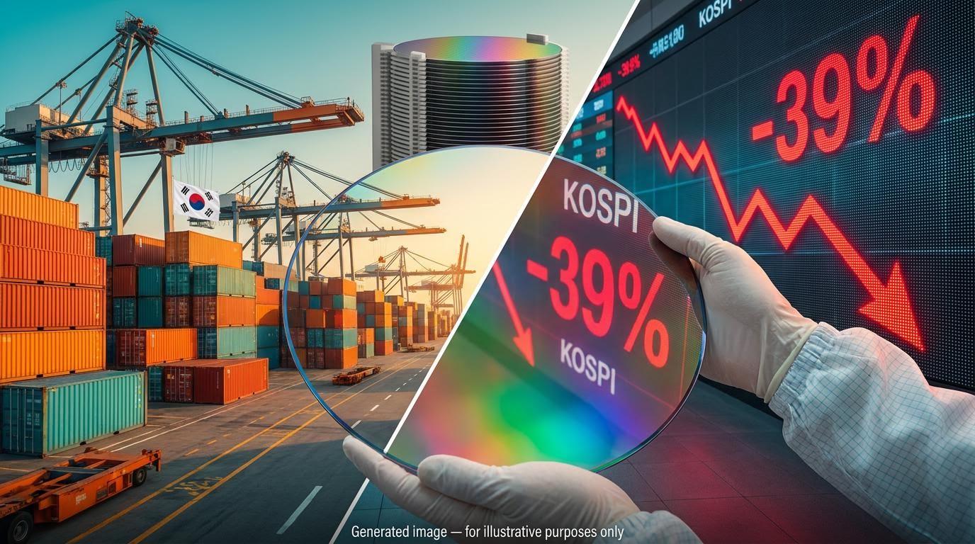 Silicon wafer reflecting Korean port cranes and a red falling index, South Korea AI chip stocks down 39% from record