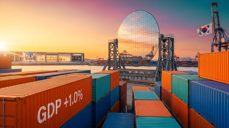 South Korea GDP growth shown by a giant chip wafer above Busan port containers stencilled "GDP +1.0%" at golden hour