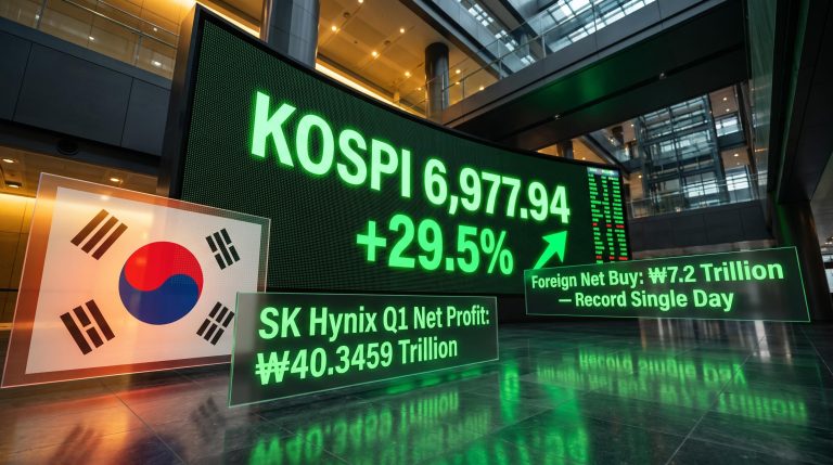 South Korea Kospi board showing +29.5% recovery and SK Hynix record ₩40.3T profit with Korean flag overlay