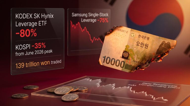 South Korea leveraged ETF crisis: won note dissolving with –80% SK Hynix and –35% KOSPI loss panels