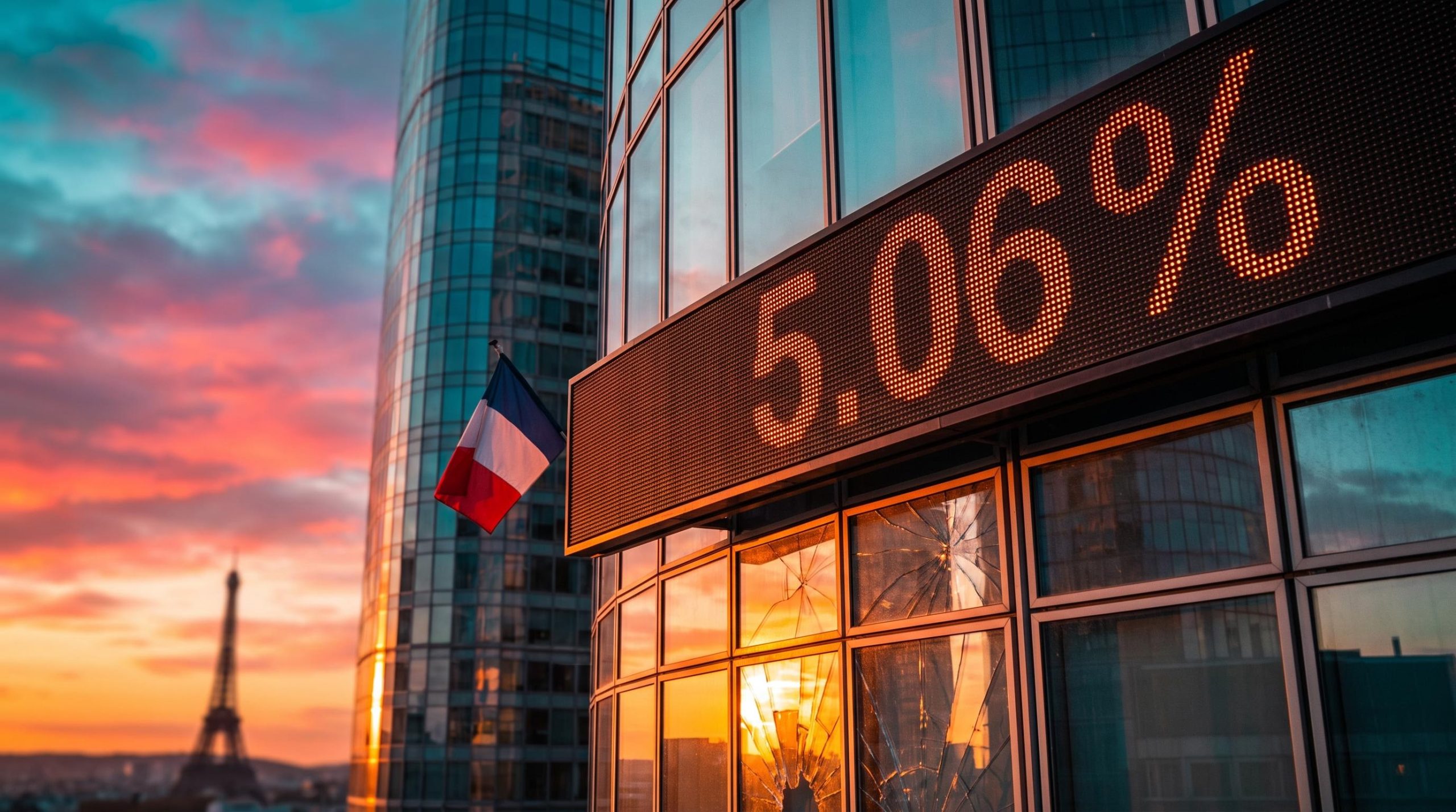 Paris La Défense tower with LED ticker showing 5.06% French yield, illustrating sovereign bond volatility and credit spreads